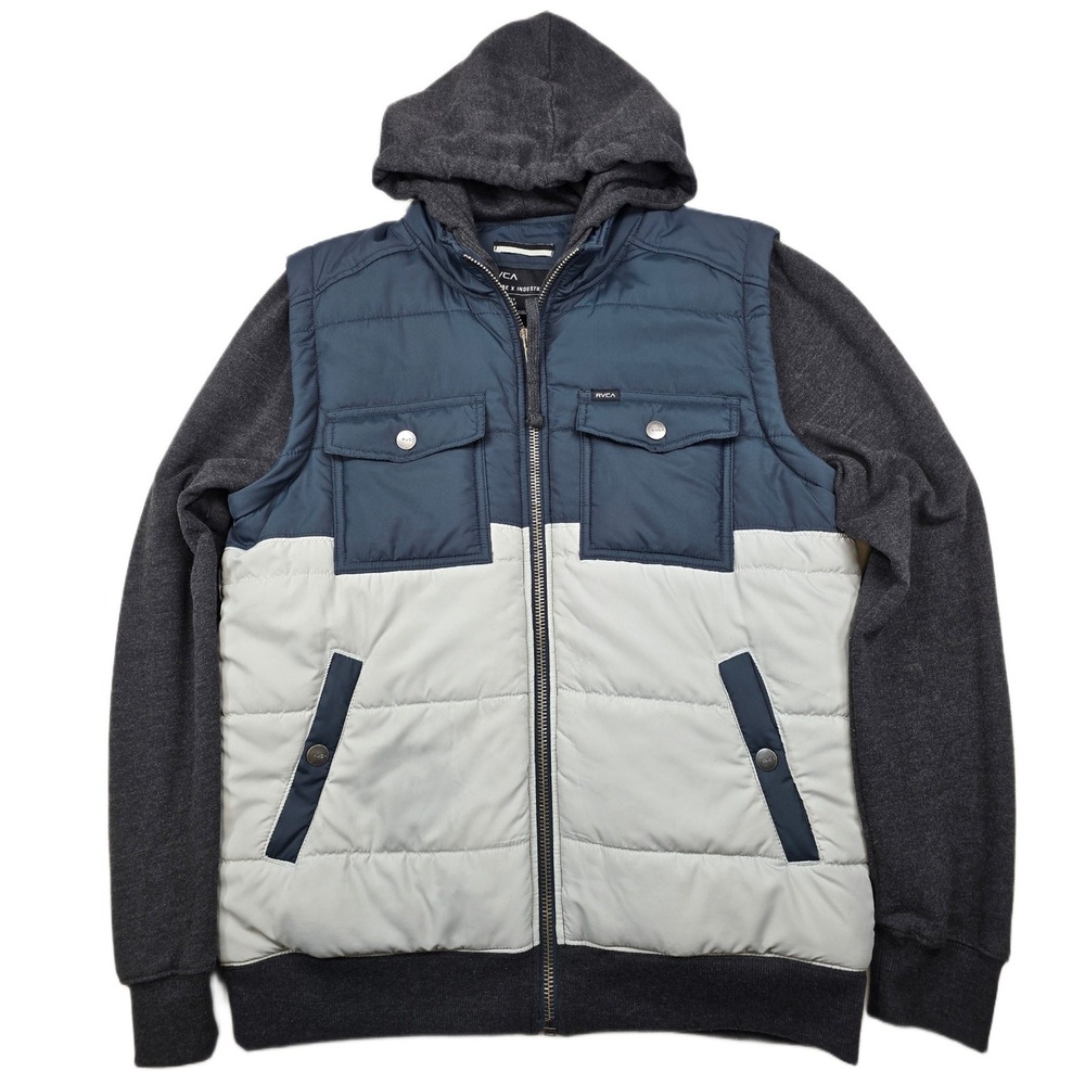 RVCA Hoodie Puffer Jacket Mens‎ Small Blue Grey Polyester Fleece Hooded Hybrid